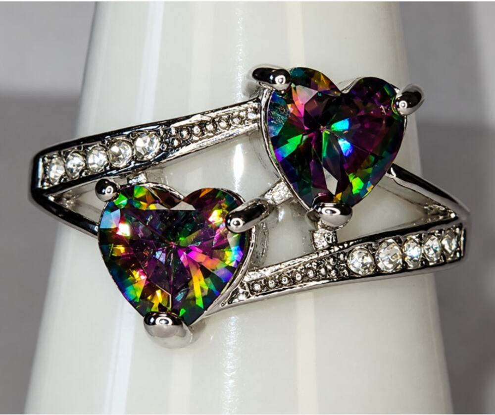 Twin Heart Cut Faux Gemstone & Crystals Stainless Steel Ring Size 7 New